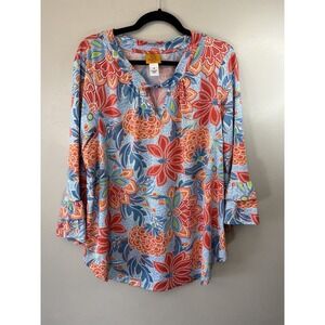 Ruby Rd Plus Size Tropical Colored Top W Twisted Neckline & Bell Cuffs Size 1X